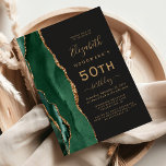 Invitation Emerald Green Gold Agate Dark 50th Birthday Party<br><div class="desc">Le bord gauche de cette élégante invitation à la fête d'anniversaire moderne comporte une bordure en aquarelle vert émeraude bordée d'une fausse parties scintillant dorée. Le texte personnalisable combine écriture manuscrite dorée, cuivre et polices italiques sur un arrière - plan noir ardoise. L'envers est assorti d'une agate vert émeraude et...</div>