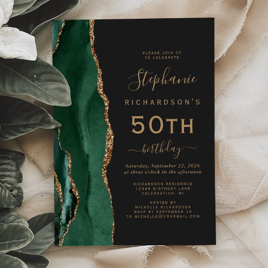 Invitation Emerald Green Gold Agate Dark 50th Birthday Party