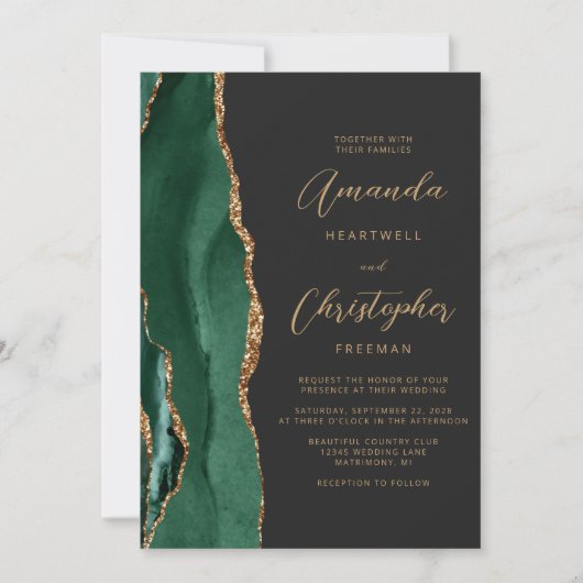 Invitation Emerald Green Gold Agate Dark QR Code Mariage (Devant)