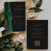 Invitation Emerald Green Gold Agate Dark QR Code Mariage