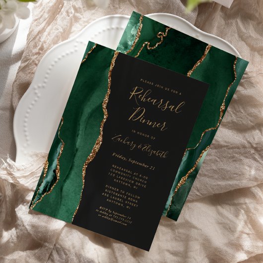 Invitation Emerald Green Gold Agate Dîner de répétition Maria