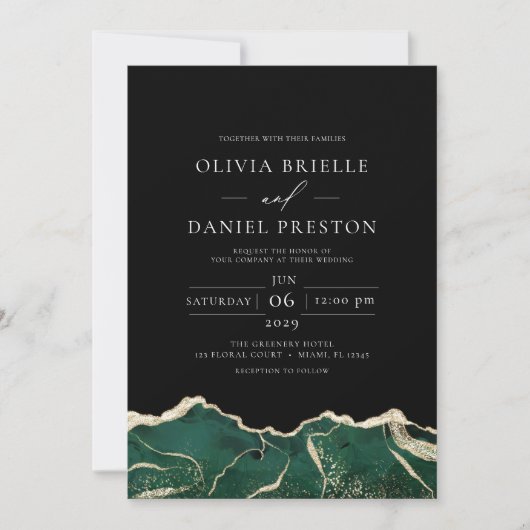Invitation Emerald Green Gold Agate Élégant Mariage moderne (Devant)