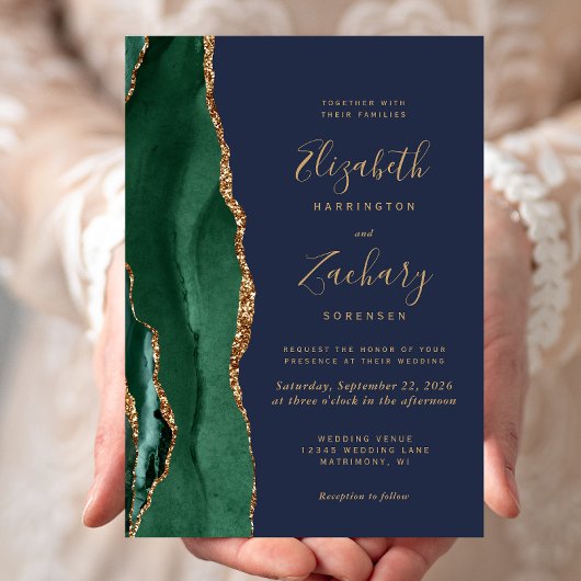 Invitation Emerald Green Gold Agate Mariage bleu marine