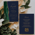 Invitation Emerald Green Gold Agate Marine Blue QR Code Maria<br><div class="desc">Le bord gauche de cette élégante faire-part de mariage moderne est orné d'une bordure en aquarelle vert émeraude, recouverte d'une parties scintillant en faux or. Le texte personnalisable combine écriture manuscrite couleur or, cuivre et polices italiques sur un arrière - plan bleu marine. L'envers offre de l'espace pour les détails...</div>