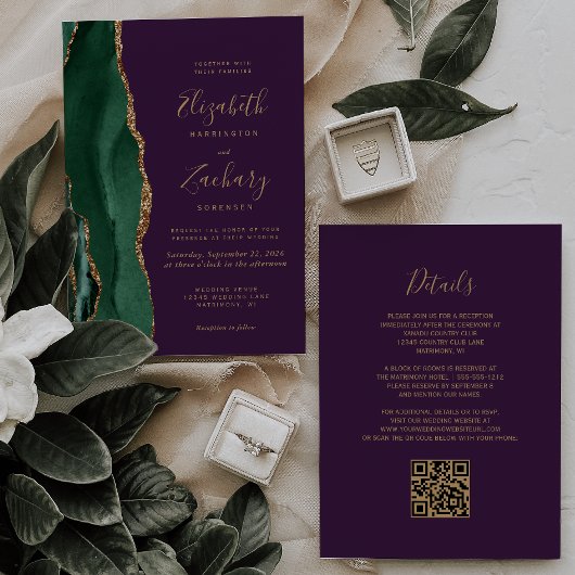 Invitation Emerald Green Gold Agate Purple Code QR Mariage
