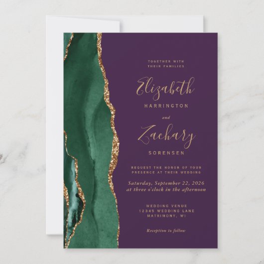 Invitation Emerald Green Gold Agate Purple Code QR Mariage (Devant)