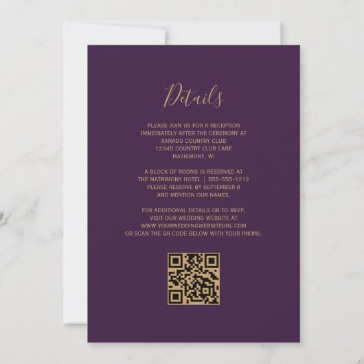 Invitation Emerald Green Gold Agate Purple Code QR Mariage (Dos)