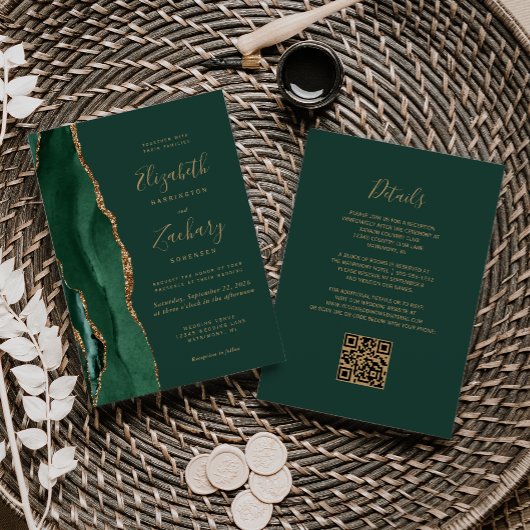 Invitation Emerald Green Gold Agate QR Code Mariage