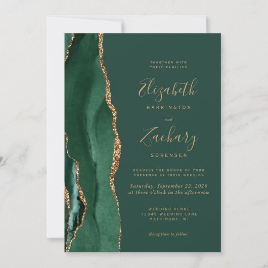 Invitation Emerald Green Gold Agate QR Code Mariage (Devant)