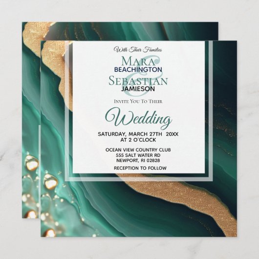 Invitation *~* EMERALD GREEN GOLD Agate RSVP QR AR66 Mariage (Devant / Derrière)