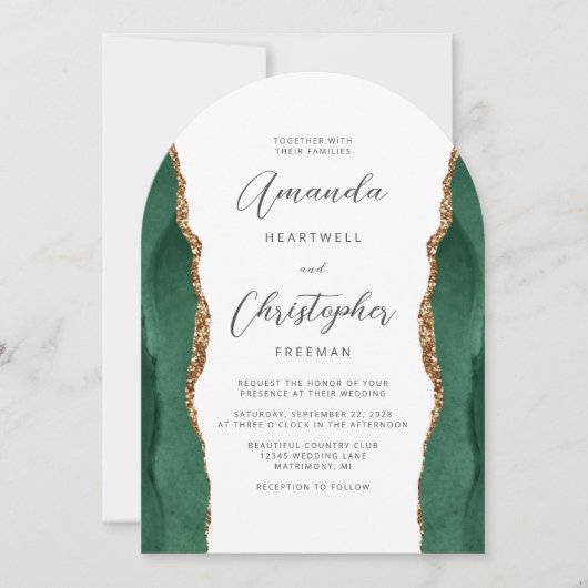 Invitation Emerald Green Gold Agate Script Arch Wedding (Devant)