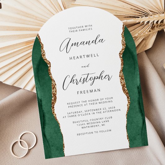 Invitation Emerald Green Gold Agate Script Arch Wedding