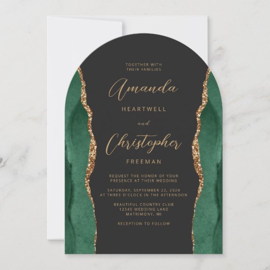 Invitation Emerald Green Gold Agate Script Dark Arch Mariage (Devant)