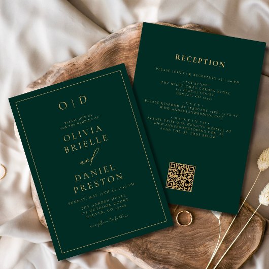 Invitation Emerald Green Gold All in One QR Code Mariage