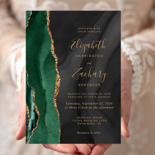 Invitation Emerald Green Gold Black Aquarelle Agate Mariage