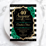 Invitation Emerald Green Gold Black Surprise 40e anniversaire<br><div class="desc">Invitation surprise 40e anniversaire de fête. Design noir féminin, blanc et vert émeraude avec fausse parties scintillant or. Comprend des rayures en noir et blanc, des roses, des caractères de script et des confettis. Parfait pour une célébration anniversaire féminine élégante. Peut être personnalisé pour montrer n'importe quel âge. Invitations Zazzle...</div>