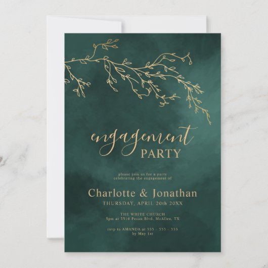 Invitation Emerald Green & Gold Botanical Engagement Party (Devant)