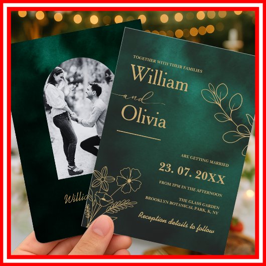 Invitation Emerald Green & Gold Botanical Photo Wedding