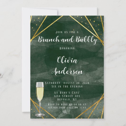 Invitation Emerald Green & Gold Brunch géométrique et Bubbly (Devant)