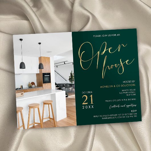 Invitation Emerald Green & Gold Business Open House One Photo