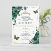 Invitation Emerald Green & Gold Butterfly Floral Quinceanera (Debout devant)