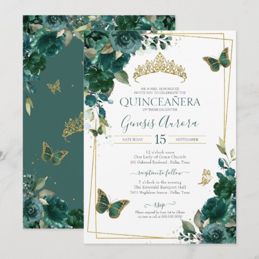 Invitation Emerald Green & Gold Butterfly Floral Quinceanera (Devant / Derrière)