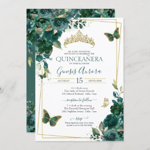 Invitation Emerald Green & Gold Butterfly Floral Quinceanera