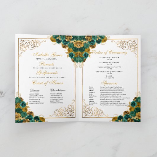 Invitation Emerald Green & Gold Butterfly Quinceanera Program (Intérieur)