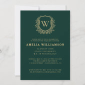 Invitation Emerald Green Gold Crest Monogram Graduation Party (Devant)