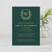 Invitation Emerald Green Gold Crest Monogram Graduation Party (Debout devant)