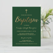 Invitation Emerald Green Gold Cross Custom Boy Baptism (Debout devant)