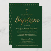Invitation Emerald Green Gold Cross Custom Boy Baptism (Devant / Derrière)