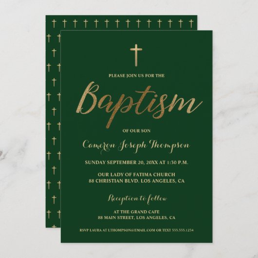 Invitation Emerald Green Gold Cross Custom Boy Baptism (Devant / Derrière)