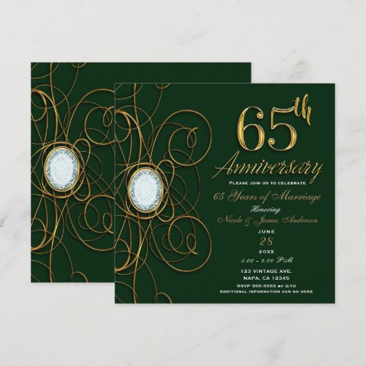 Invitation Emerald Green & Gold Diamond 65 65e anniversaire (Devant / Derrière)