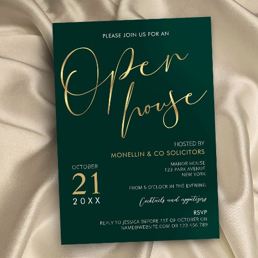 Invitation Emerald Green & Gold Elegant Business Open House