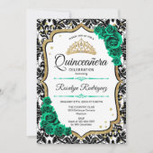 Invitation Emerald Green Gold Elegant Damask Quinceanera (Devant)