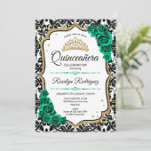 Invitation Emerald Green Gold Elegant Damask Quinceanera (Debout devant)