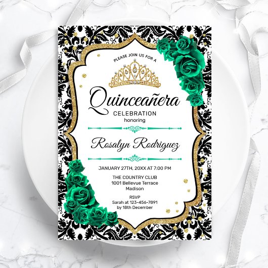 Invitation Emerald Green Gold Elegant Damask Quinceanera