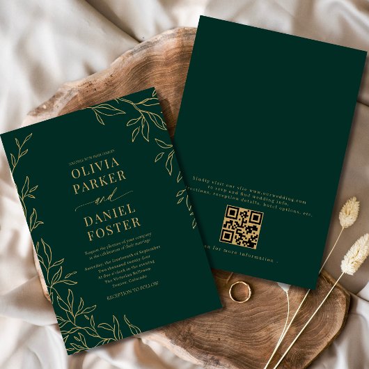 Invitation Emerald Green Gold Elegant QR Code Mariage
