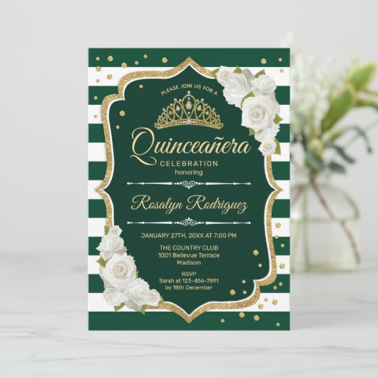 Invitation Emerald Green Gold Elegant Quinceanera (Debout devant)