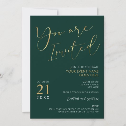 Invitation Emerald Green & Gold Elegant Script Company Event (Devant)