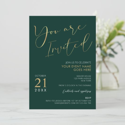 Invitation Emerald Green & Gold Elegant Script Company Event (Debout devant)