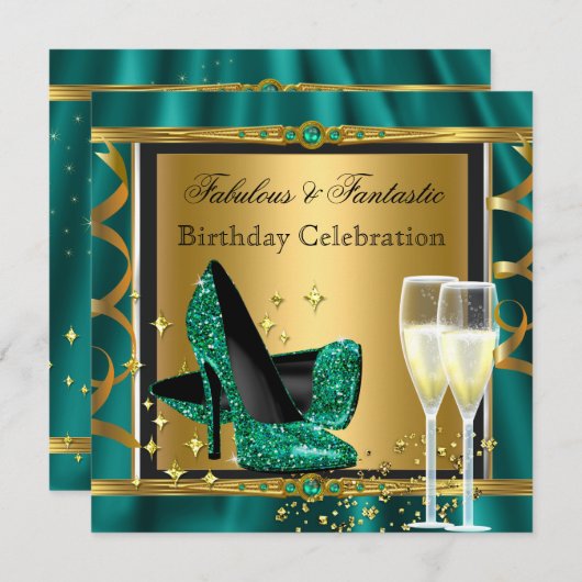 Invitation Emerald Green Gold Fabelle Heels Anniversaire Part (Devant / Derrière)
