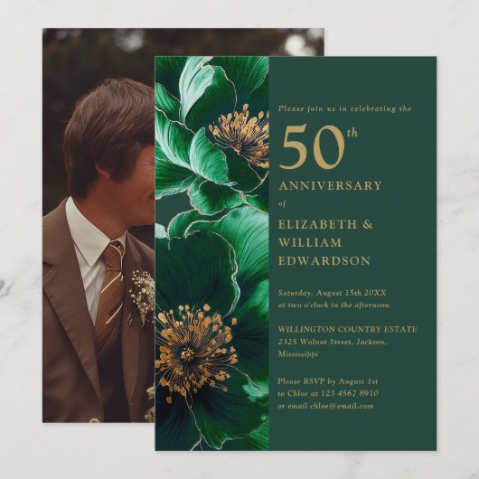 Invitation Emerald Green Gold Floral 50th Anniversary Photo (Devant / Derrière)