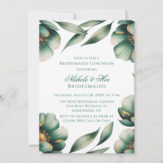 Invitation Emerald Green & Gold Floral Bridesmaids Luncheon (Devant)