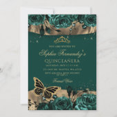 Invitation Emerald Green Gold Floral Butterfly Quinceañera (Devant)