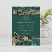 Invitation Emerald Green Gold Floral Butterfly Quinceañera (Debout devant)