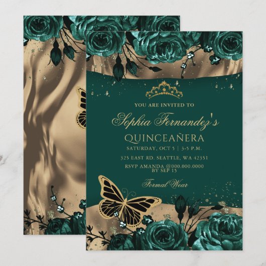 Invitation Emerald Green Gold Floral Butterfly Quinceañera (Devant / Derrière)