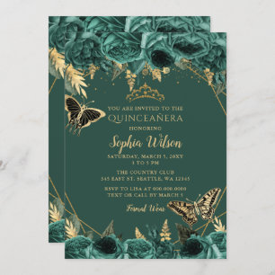 Invitation Emerald Green Gold Floral Butterfly Quinceañera