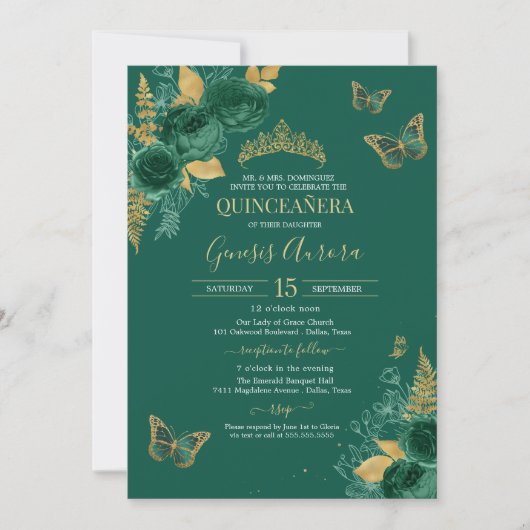 Invitation Emerald Green & Gold Floral Butterfly Quinceañera (Devant)